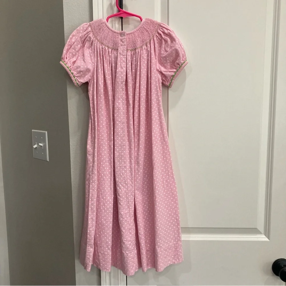Pink and white polka dot corduroy short sleeve smocked dress with frogs Girls 6